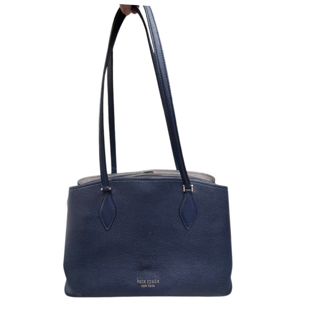 Kate Spade Womens Shoulder Bag M Navy Blue Pebbled Leather Satchel Work Tote